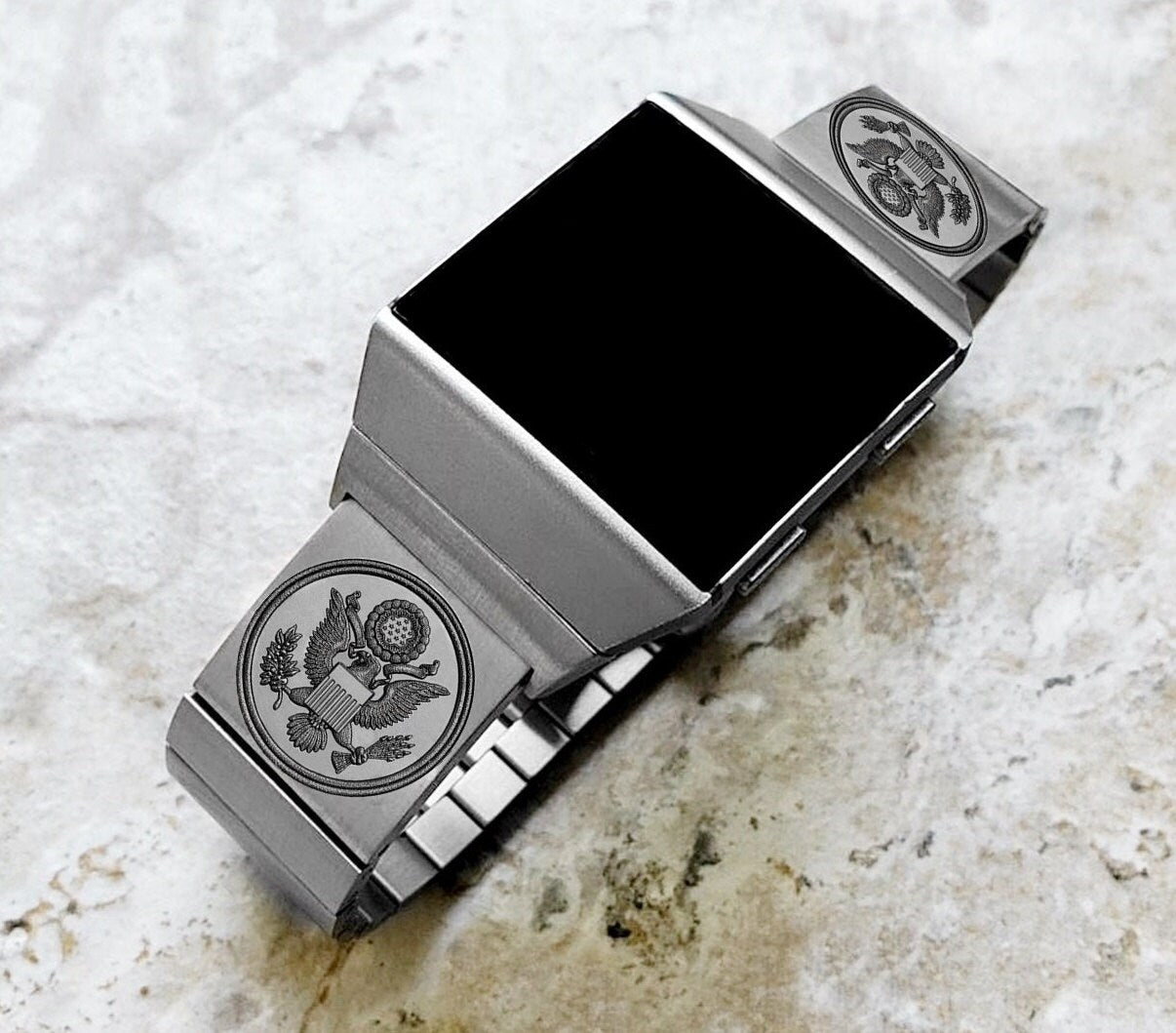 Engraved Watch Band Compatible with Fitbit Ionic Smartwatches Silver Color Stainless Steel Strap Bracelet with Quick Release Adapters AS1